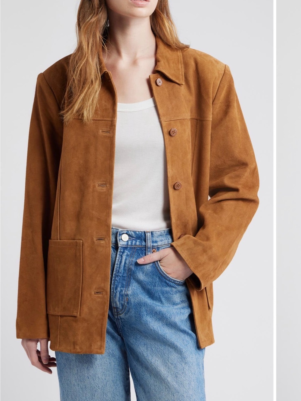 Reformation Veda Suede Button-Front Shirt Jacket in color Topanga Canyon Sz S